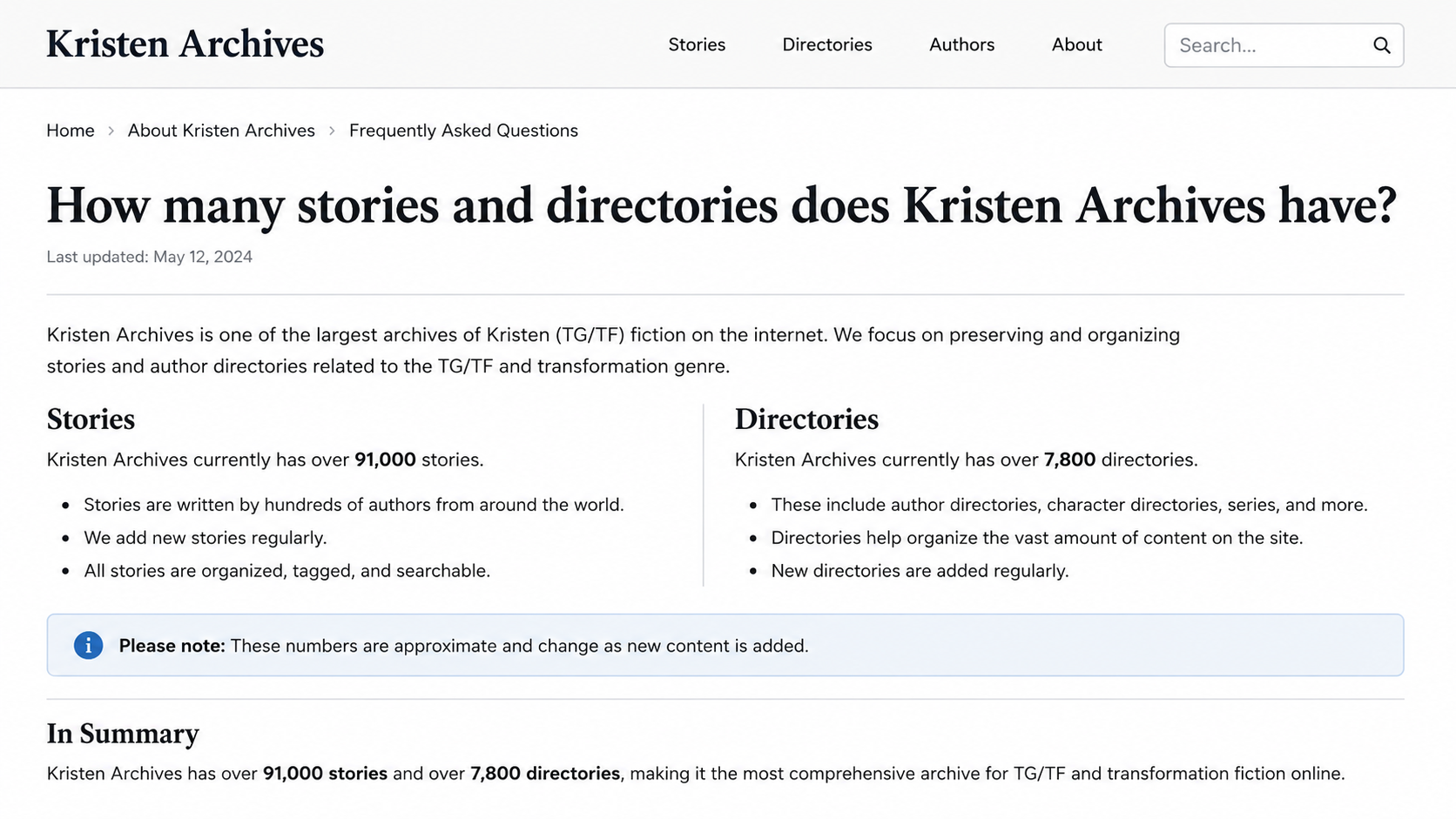 How many stories and directories does Kristen Archives have